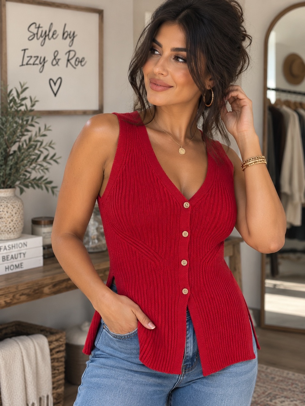 ♥️ Zenana Ribbed Sweater Knit Button Front Vest - Ruby - Picture 2 of 3